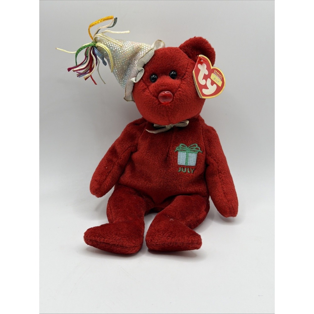 Ty Beanie Baby July Bear Red Birthday Plush w Tag Gift Hat Vintage